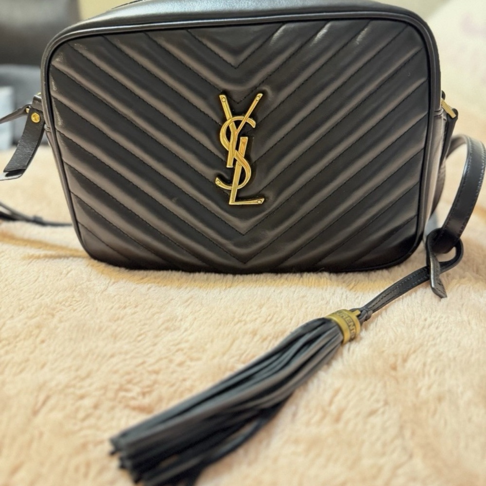 Yves Saint Laurent Black Chevron Crossbody Bag with Gold Logo